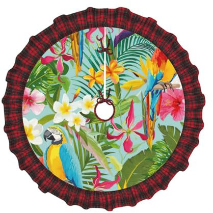 Gesteppter Weihnachtsbaumrock mit tropischen Pflanzen und Papageien, festliche Dekorationen, anpassbar, Polyester-Weihnachtsbaumrock