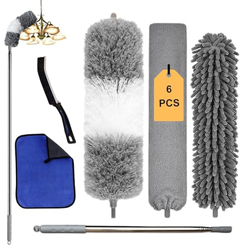 FLOORINGTON 6PCS Feather Duster Set 250cm extendable telescopic pole Includes bendable,washable crevice brush perfect for removing dust cobwebs from high ceilings, fans,lights, blinds, cars, furniture