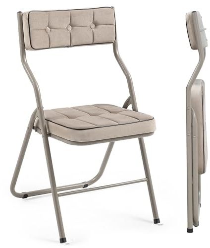 Villeston Polsterte Klappstühle 2er Set, Khaki | Klappbarer Esszimmerstuhl mit Kissen, Tragbar und Vormontiert, Zusätzliche Sitzgelegenheit für Gäste, Küche, Büro, Hochzeit