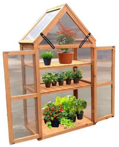 Serre JAN avec fenêtre de toit, portes, construction en bois à 3 étages, parfaite pour balcon, terrasse, jardin, plate-bande de culture (L x P x H) : environ 70 x 40 x 132 cm