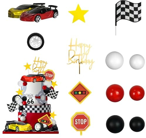 Wasise Car Cake Topper - 31PCS Racing Car Cake Topper Set, Cars Birthday Decorations, Checkered Flag Cupcake Toppers,Happy Birthday Cupcake Toppers Decor for Race Cars Themed Shower Supplies