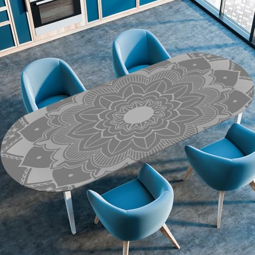 FANSU Ovale Tischdecke Garten Mandala Abwaschbar mit Elastischem Rand,für Outdoor Gartentischdecke Elastisch für Küche, Esszimmer, Picknick, Party (Grau,107cmx165cm（42x65）)