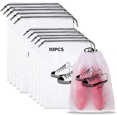 Lammcou Schuhbeutel Reise, PE wasserdichte Schuhtasche Transparente Aufbewahrungstaschen mit Zugband, Kordeltasche für Koffer & Gepäck (Groß, Mittel), Shoe Bag for Travel (10, Schwarz, M & L)