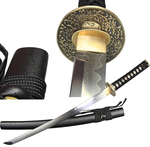 Wakizashi Scharf Echt Damaszener Stahl Lehm Gehärtet Katana Schwert Alle Beschläge Aus Messing Japanisches Samurai Schwert