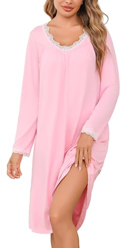 Litherday Chemise de Nuit Femme Coton Longue Robe de Nuit Col en V Nuisette Femme Dentelle Vêtements De Nuit Hiver