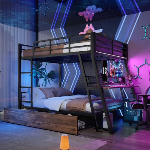 Zubaliya Lit superposé Enfant avec LED 90x200 +140x200cm,lit Mezzanine 2 Places lit superposé 2 Places de bébé avec Barre Lumineuse,lit Double Enfant,échelle de sécurité