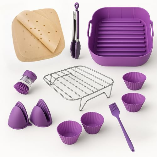 Utensilios freidora de Aire 8 Acessórios Air Fryer. Incluye Molde freidora de Aire 22 cm Papel para Air Fryer Brocha Guantes Pinzas freidora de Aire 4 Moldes Muffins y Rejilla airfryer. Pack Morado.
