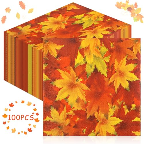 Lets Joy Tovaglioli Autunnali con Foglie, 100 Pezzi Tovaglioli con Struttura Autunnale Delle Foglie, Tovaglioli di Zucca Motivo, Decorazione da Ringraziamento Autunnali Feste Party (A)