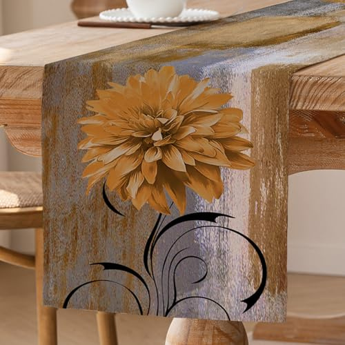 Tischläufer Braun Retro Tischläufer mit Blume Bauernhaus Tischdekoration Rustikales Ölgemälde Tisch Läufer Akzenttisch Dekoratives Tuch 40 x 240 cm für Küche Kaffee Urlaub Partys Hochzeit
