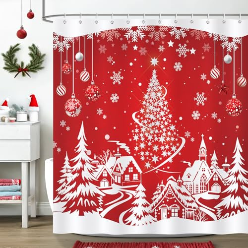 COZZSNUGE Cortina de Ducha Navidad Roja, Cortina de Baño Árbol de Navidad Brillo Centelleante Copo de Nieve 180 x 180 cm Poliéster Impermeable Resistente al Moho con 12 Ganchos