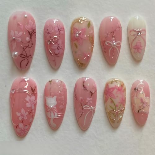 AstraGlam 24Pcs Pink Flower Press on Nails Medium Almond Fake Nails Peach Blossom with 3D Rhinestones Pearl Gold Glitter Design Artificial Cute Cat Nails Stick on Spring False Nails Acrylic