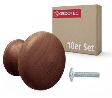 Gedotec URSULA Pomo para muebles (10 unidades, madera de nogal oscuro, diámetro de 35 mm, con rosca de latón, tornillo M4 × 25 mm, madera maciza, tirador para muebles, tirador de armario, cajón y