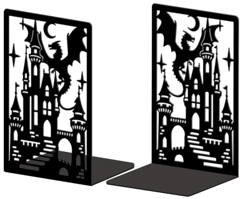 Peacoblue Buchstützen Metall,Drache & Schloss Buchstütze Dekorativ | 1 Paar 5.3x4.3x7.9 schwere Gusseisen Buchhalter, Stabile Buchstopper für Bücherregal, Schreibtisch, Büro und Wohnraum