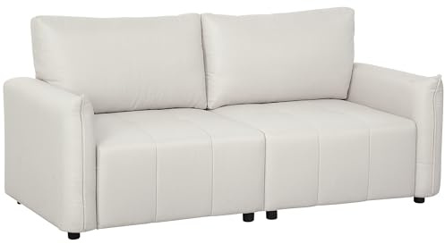 HOMCOM Canapé 3 Places Moderne 196 cm en Tissu Aspect Lin, Dossier et accoudoirs rembourrés, avec 2 Coussins, canapé de Salon, pour Chambre ou Bureau à Domicile, Pieds en Acier, crème