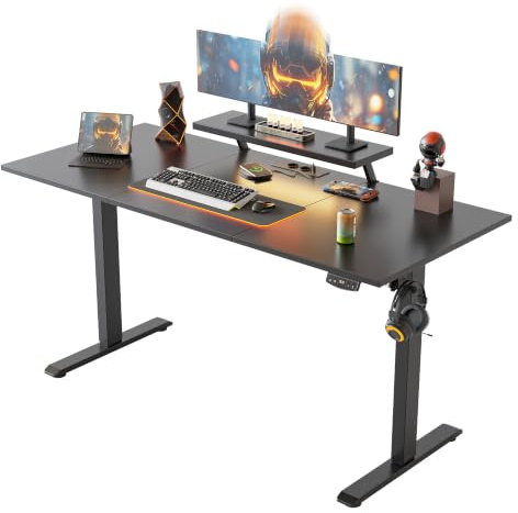 Klicelor Elektriskt Höj- och Sänkbart Skrivbord med LED och Uttag, 160x80 cm, Rörlig Monitorhållare, för Spel och Kontor, Ståbord med 4-delad Skiva, Svart