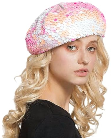 Baskenmütze Damen Pailletten Hut Faschingsmütze Disco Hut Kappe Paillettenmütze mit Glitzer Paillettenbesetzte Barett Trend Maler Mützen Winter Beanie Mütze Karneval Party Club Festival Outfit
