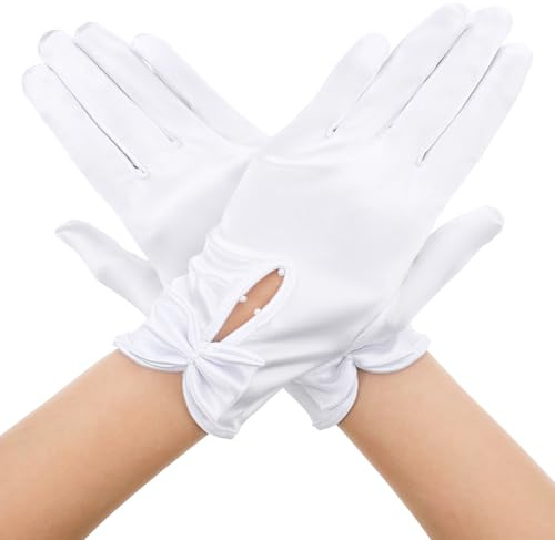 Neyauo White Dress Gloves Short Satin Wrist Length Gloves for Women Elegant Bow Pearl Tea Party Glove Banquet Opera Bridal Wedding Evening Glove