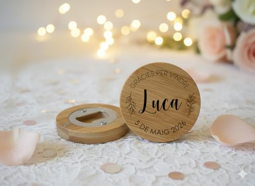 Genérico Deseografico. Lote de 10 Abrebotellas de Madera PERSONALIZADOS con imán - Abridores abre botellas con Frase, Logo, Texto para detalles de bodas, comuniones, para colocar en la nevera.