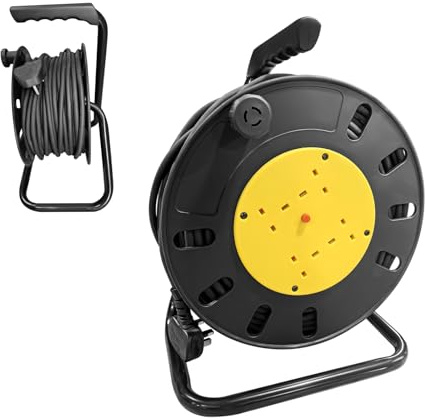 50m Heavy Duty Cable Reel Extension Lead, 4 Socket Outdoor Reel with Thermal Cut Out & 13A Fused Plug, Portable Reel for Garden, Workshop & DIY