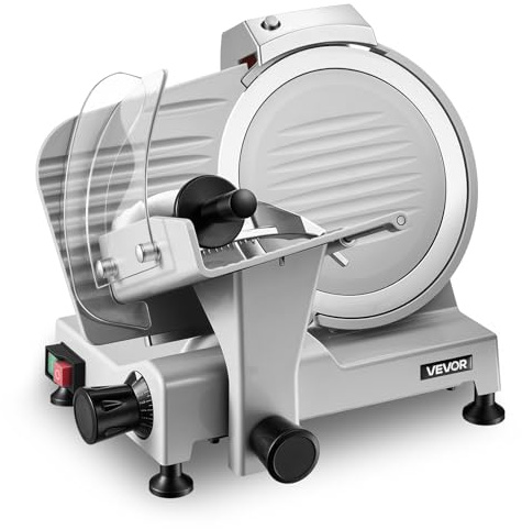 VEVOR Trancheuse Électrique 300 W, Trancheuse à Jambon Épaisseur de Coupe Réglable 0-12 mm, pour Saucisson Pain Fromage Viande Charcuterie, Lame en Acier au Carbone 250 mm et Plateau Amovibles