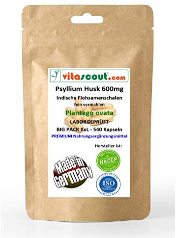 100% Indische Flohsamenschalen, 540 Vegane Kapseln, 600 mg pro Kapsel, 5400 mg Tagesdosis, Natürliches Psyllium Husk, Laborgeprüft, Unterstützt Verdauung, Ohne Zusätze**