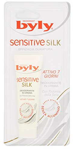 BYLY SENSITIVE SILK Desodorante en crema, pieles sensibles, protección eficaz, antitranspirante femenino, con poteína de seda, larga duración sin perfume ni aluminio, activo 7 días/72 horas, 25 ml