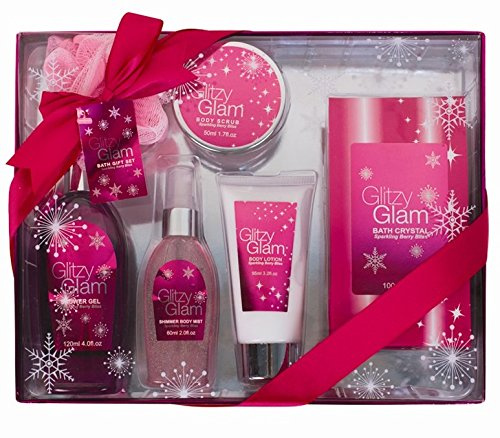 Beautiful 6 Piece Ladies Berry Bliss Flavored Body & Bath Gift Set Body Lotion, Body Mist, Shower Gel, Body Scrub, Bath Crystals and a Bath Puff - Beautiful Packing Ideal Gift for Friends and Family