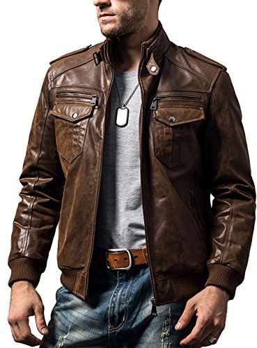 FLAVOR Bikerjacka i äkta läder för män Retro Brunt äkta läder (XXL, Brun)