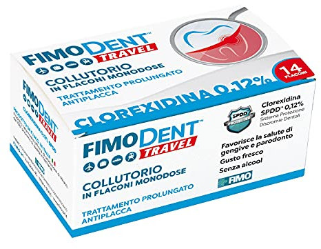 Fimodent enjuague bucal Monodosis - Clorhexidina 0,12% con SPDD (Sistema de Protección de Discrepancias Dentales) y agradable sabor a menta - Tratamiento antiplaca y antibacteriano - 14 de 10mL