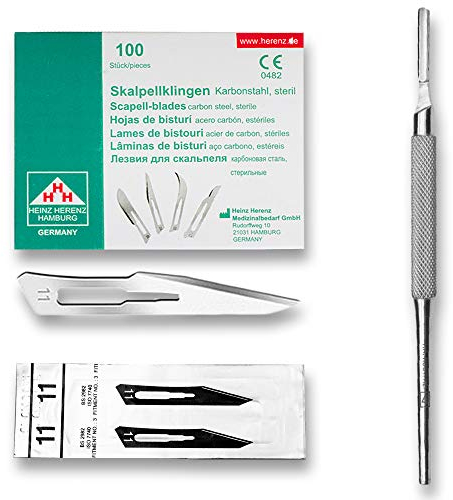 Set avec 100 x lames de scalpel N° 15 - Lame stérile en acier au carbone et 1 x May - manche de scalpel Figure N°3 avec manche rond en acier inoxydable