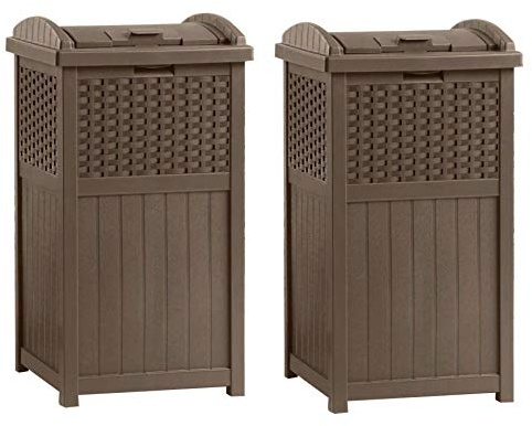 Suncast 2 Pack 33 Gallon Commercial Outdoor Trashcan Hideaway with Lid for 30 to 33 Gallon Trash Bags for Garage, Backyard, or Garden, Brown