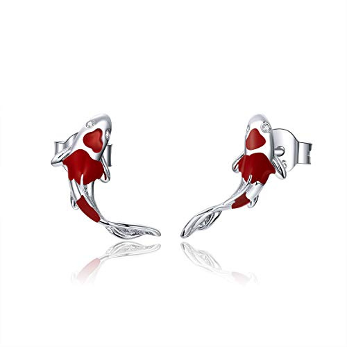 Qings Ohrstecker Glücklich Rot Koi Fisch 925 Sterling Silber Emaille | Platinierter Schmuck Mit Roten Zirkonia Akzenten Für Frauen Zu Festlichen Anlässen In Blauer Box