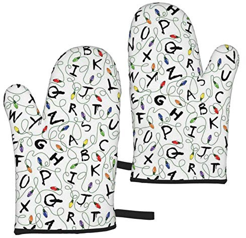 Oven Gloves-Non-Slip Cooking Gloves Thick and Durable for Cooking and Baking 2-Piece Set Stranger Letter Things White