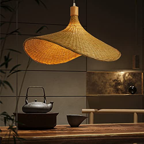 Hängeleuchte Natürliche Bambus Rattan Pendelleuchte Retro E27 Pendellampe Vintage Handgewebte Lampenschirm Esszimmer Schlafzimmer Wohnzimmer Küche Korridor Kronleuchter Büro Hängelampe,60cm
