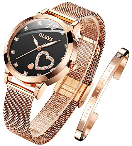 OLEVS Damenuhr Roségold mit Herz Diamant Schwarzes Gesicht Quarz Armbanduhr Wasserdicht Gürtel Armreif Set