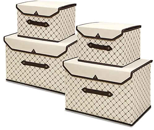 LEcylankEr Aufbewahrungsbox mit Deckel Stoff 4 Stück Faltbare Aufbewahrungsboxen für Kleiderschrank, Kleidung, Spielzeug, Bücher, Kosmetik (Beige Karo)