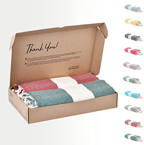 Tadussi ® Strandtuch Saunahandtuch Fouta 100x200 [2er Set] Ideal als Hamamtuch Strandhandtuch XXL Picknickdecke für Damen & Herren - Extra Groß - 100% Baumwolle in Rot & Smaragdgrün