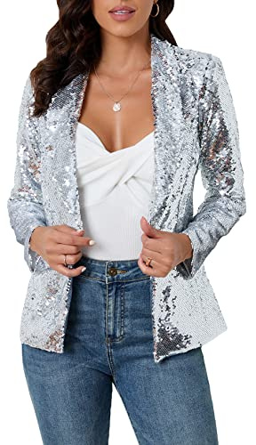 IWFEV Damen Pailletten Blazer Langarm Sparkle Open Front Jacke Schalkragen Cardigan