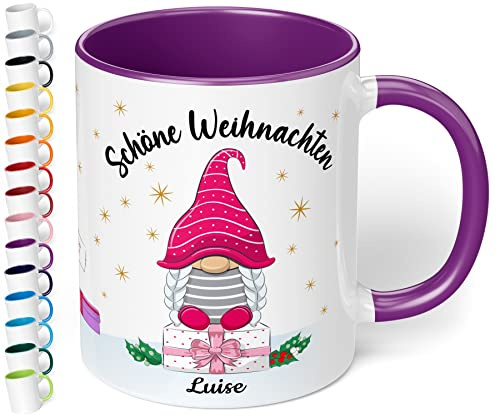True Statements Weihnachtstasse mit Namen personalisiert „Schöne Weihnachten“ - 330ml Keramik Kaffeebecher mit Wichtel-Motiv und Spruch – Geschenke für Kollegen & Familie (Violett)