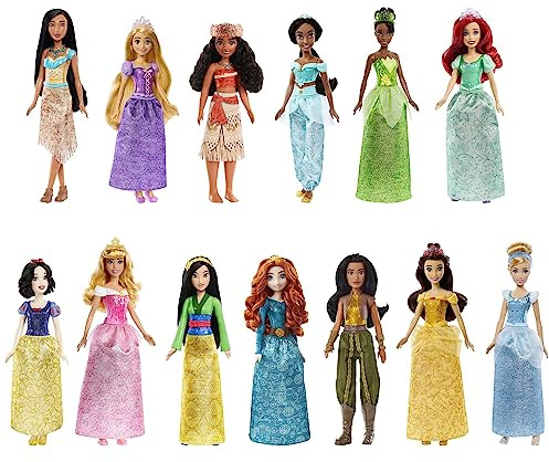 Disney Princess HPG74 - 13 Prinzessinnen-Modepuppen mit Glitzerkleidung und Accessoires, inspiriert von Disney-Filmen, Disney Prinzessin Puppen Spielzeug ab 3 Jahren