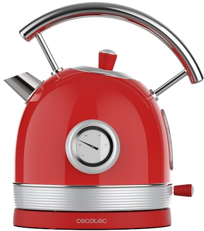 Cecotec Hervidor de Agua Eléctrico de 1,8 Litros Thermosense 420 Vintage Light Red. 2200 W, 8 Tazas de Té de Capacidad, Medidor de Temperatura, Estilo Vintage, Base de Giro 360º, Acero Inox en Rojo