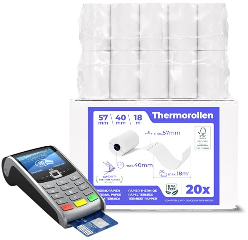SWIPARO® EC Cash Rollen Thermopapier 57mm x 40mm x 12mm - Bonrollen 57x40x12 für EC & Kredit-Kartenlesegeräte - Thermorollen 57mm - Thermal Rolls EC Device - Für Systeme bis 18m Papierbedarf (20 Stk)