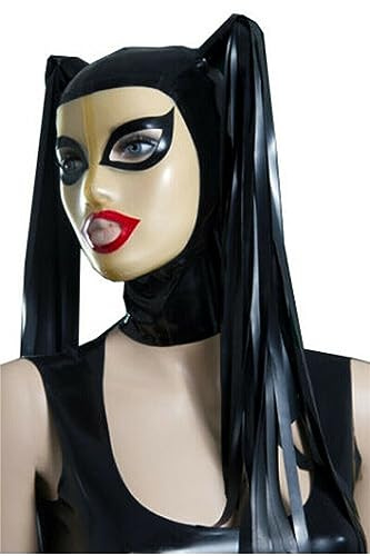 Latex Maske Sexy Sklave Bondage Mit PerüCke - Extrem Abstinenz Fetisch BDSM Vollmaske Mit Atemlöchern für Frauen Und Männer - Sex Halloween Cosplay Toys, M, Schwarz