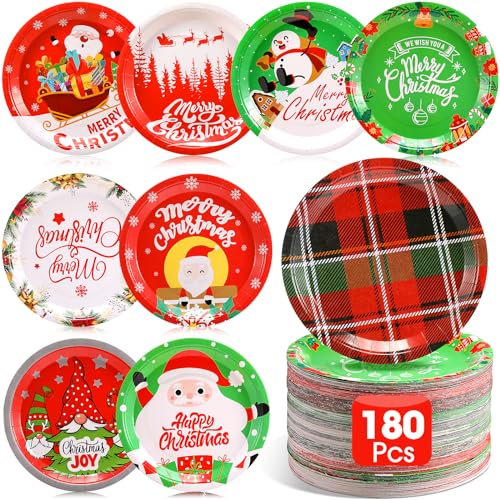Sliner 180 Stück 180 Stück 22,9 cm Weihnachten Pappteller Einwegteller Weihnachtsmann Xmas Speiseteller Frohe Weihnachten Party Supplies Essgeschirr Dekoration für Winterferien Dekoration, 9 Designs