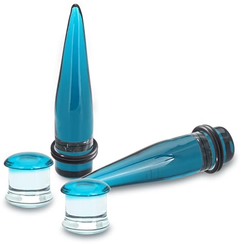 Longbeauty 4 Stk Dehnstäbe Ohr Stretching Tapers Mehrfarbig Glas Ohrplugs Ohrdehner Expander Gauges für Ohrlöcher Piercing Schmuck, Blau, 6MM