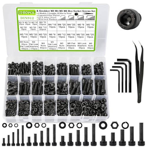 K Kwokker Assortimento di 1165 bulloni a brugola, M3, M4, M5, M6, viti a testa esagonale, dadi e bulloni, dadi e rondelle, in acciaio legato di grado 12.9, 20 misure da 8 a 25