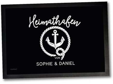 Fußmatte Türmatte personalisiert Anker Heimathafen Familie Paare Wunschname | Personalisierbare Fußmatte mit Anker Heimathafen Familie Paare Motiv für Haustür Flur Wohnung Balkon Terrasse 60 x 40 cm