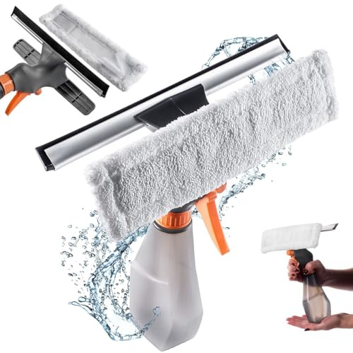 KADAX Fensterreiniger mit Spülflasche, Kompakter Fensterputzer mit Mikrofaserpad, Sprühwischer für Fensterputzen, Fensterwischer, Fenstersauger (250 ml)
