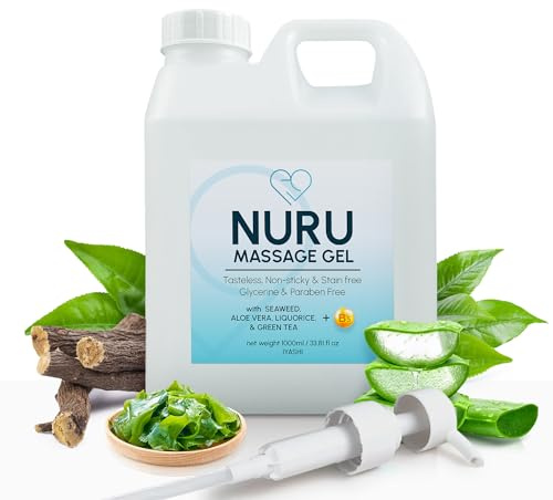 Gel de massage Nuru | Incolore, sans goût, sans tache, sans parfum | Alternative à l'huile de massage, Gel Nuru à base d'eau | Aloe Vera, algues, thé vert, réglisse et vitamine B5 | 1000ml