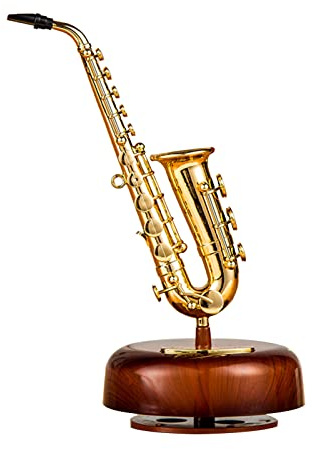 COMETX Aufziehbare Spieluhr Saxophon Spieluhr Klassische Aufziehspieluhr Drehbare Spieluhr Drehbare Basis Holzblasinstrument Miniaturnachbildung Kunsthandwerk Geschenk für Weihnachten Geburtstag